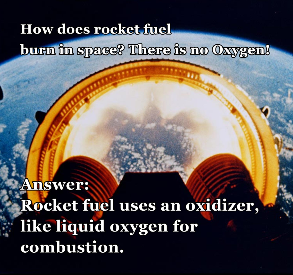 Q: How does Rocket fuel burn in space? A: Rocket Fuel uses an oxidizer